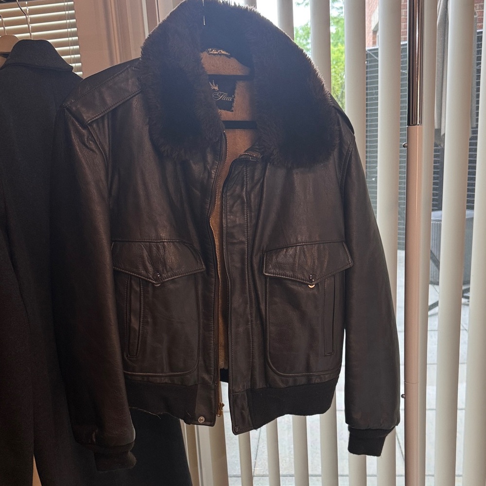 Men's Brown Leather Bomber Jacket with Fur Collar